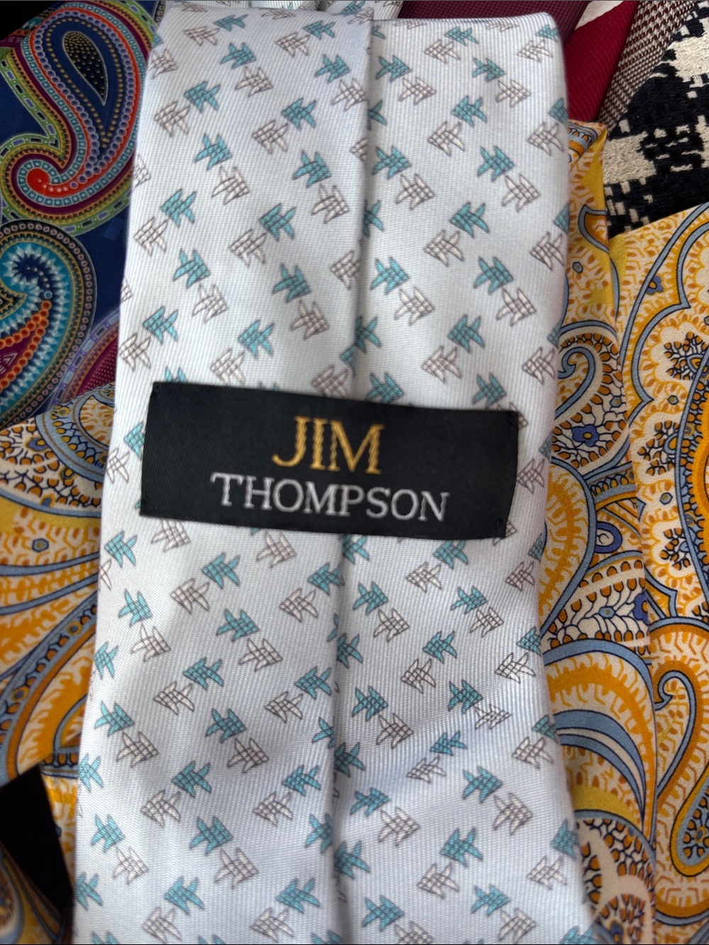 Jim Thompson Men's White Tie with Teal and Light Brown Pattern
